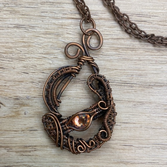 Handmade Wrapped Wire Pendant Necklace Boho Rhinestone - Picture 2 of 6